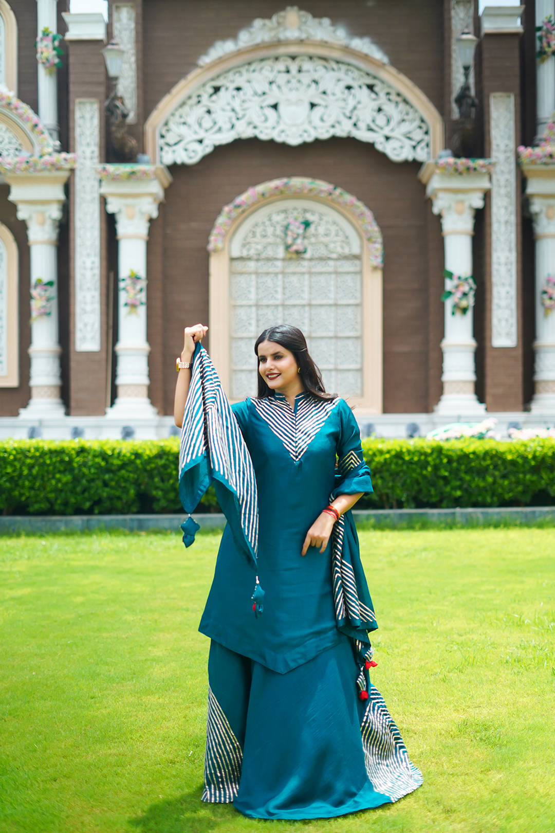 V Glame Bluish Green Gota Work Kurta Set – V Silk Ensemble
